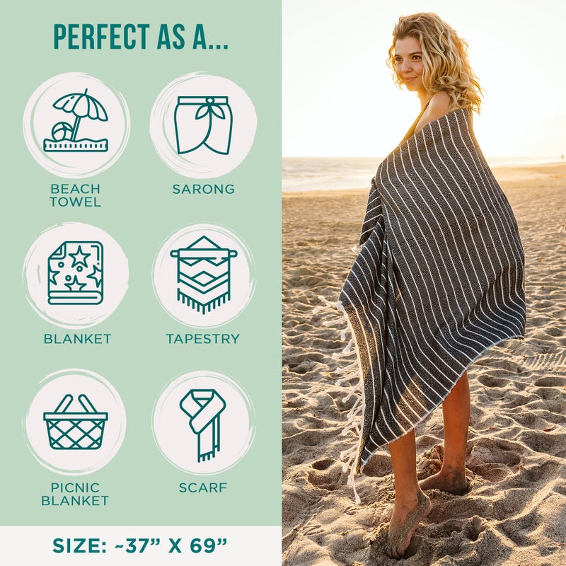 Sand Cloud منشفة شاطئ تركية من ساند كلاود - مقاومة للرمال - منشفة تركية عضوية 100% معتمدة - منشفة سريعة الجفاف للشاطئ، النزهات، البطانيات أو منشفة الحمام - كما تم عرضها في برنامج شارك تانك - غوجك (أسود) - Image 3